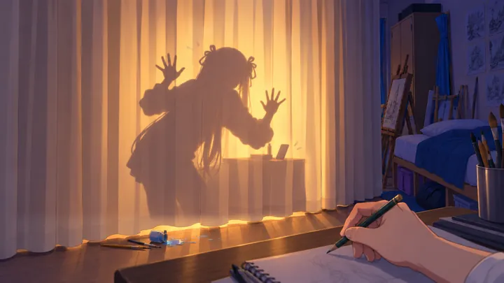 Rin's shadow on the curtain at night