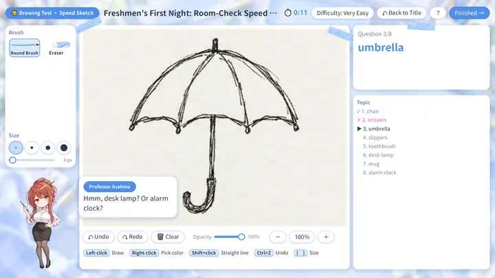 The speed-sketch room check with the professor