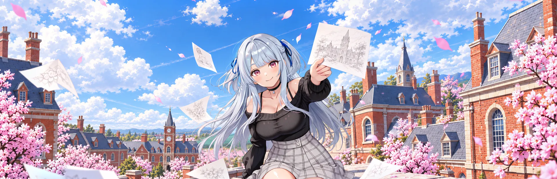 Brush with Temptation key art: Rin Tsukishiro holding up a sketch under cherry blossoms