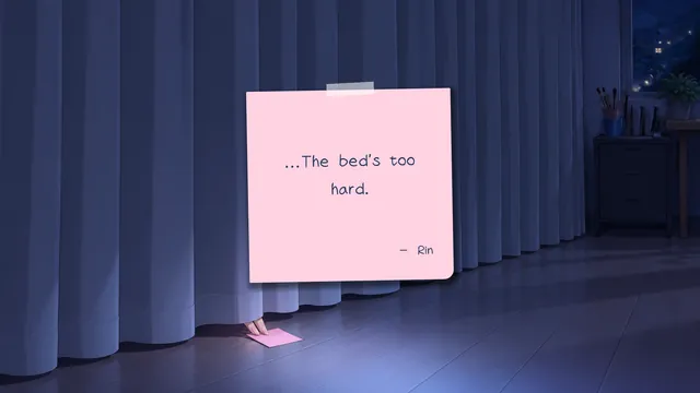 A pink sticky note on the curtain: “…The bed's too hard.”