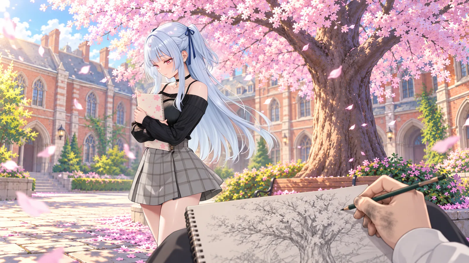 Rin standing under a cherry tree in the academy courtyard, holding her sketchbook