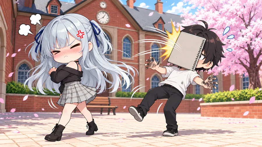Chibi illustration: Rin smacks Riku in the face with her sketchbook